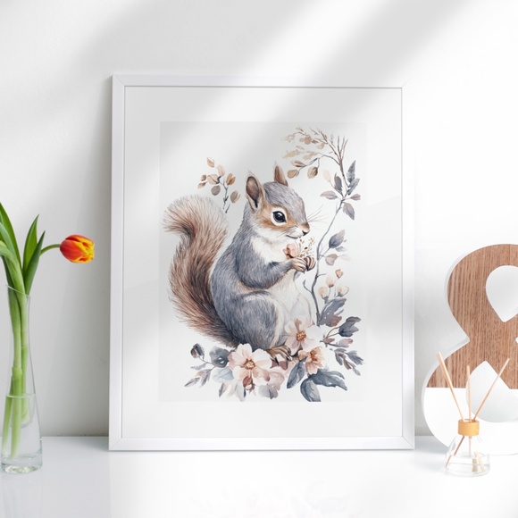 Watercolor Floral Squirrel Portrait Wall Art Illustration Print Poster Unframed - Picture 4 of 9